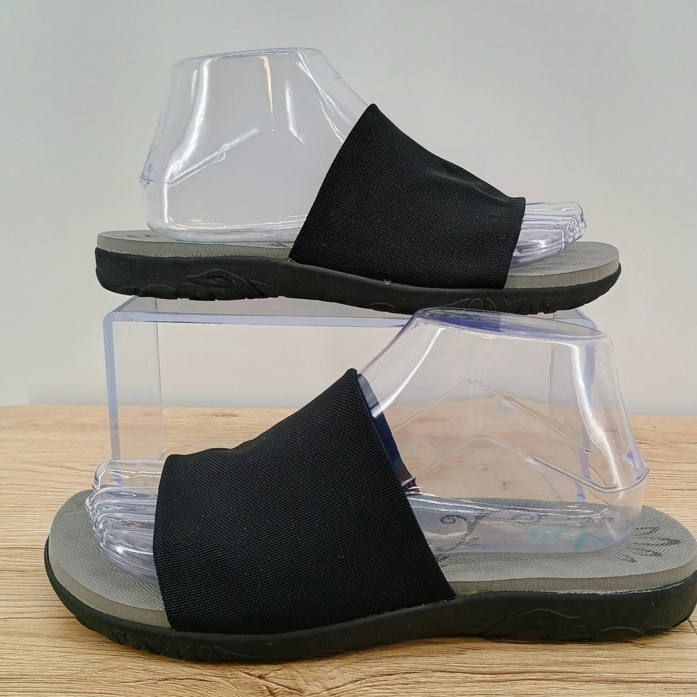 YUU Womens 7.5M Black Faux Leather Comfort Slide Sandals Low Wedge Slip On